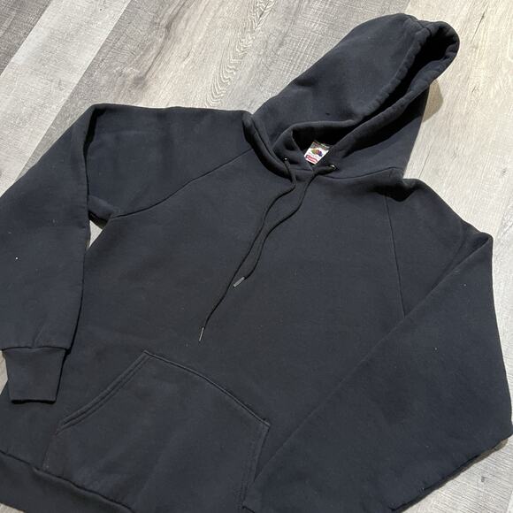 VTG Fruit Of The Loom 90s Blank Black Pull Over Drawstring Hoodie Sweatshirt - Picture 2 of 4